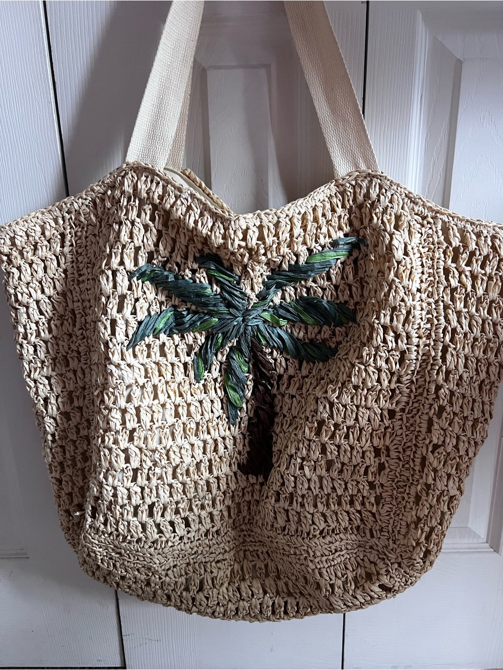Kulani Kinis Beige Crochet Tote with Green Palm Embroidery